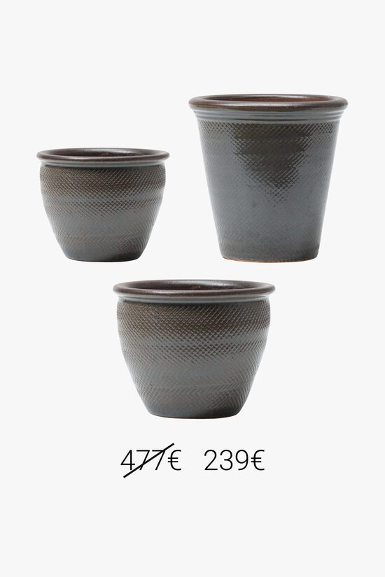 3 zaļi brūnu keramikas puķu podu komplekts ar vāzi no Romantika sērijas